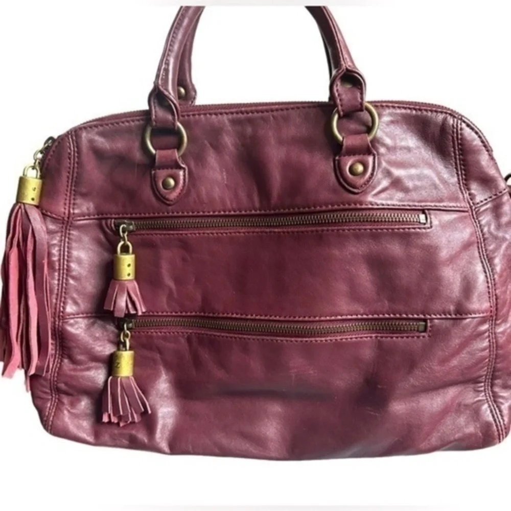 BURGUNDY RACHEL ZOE LUXE LEATHER SATCHEL FRINGE ZIPPER TASSELS